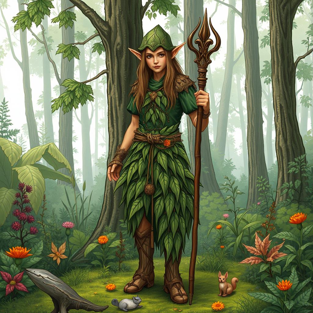 A detailed illustration of a wood elf druid standing in a lush forest