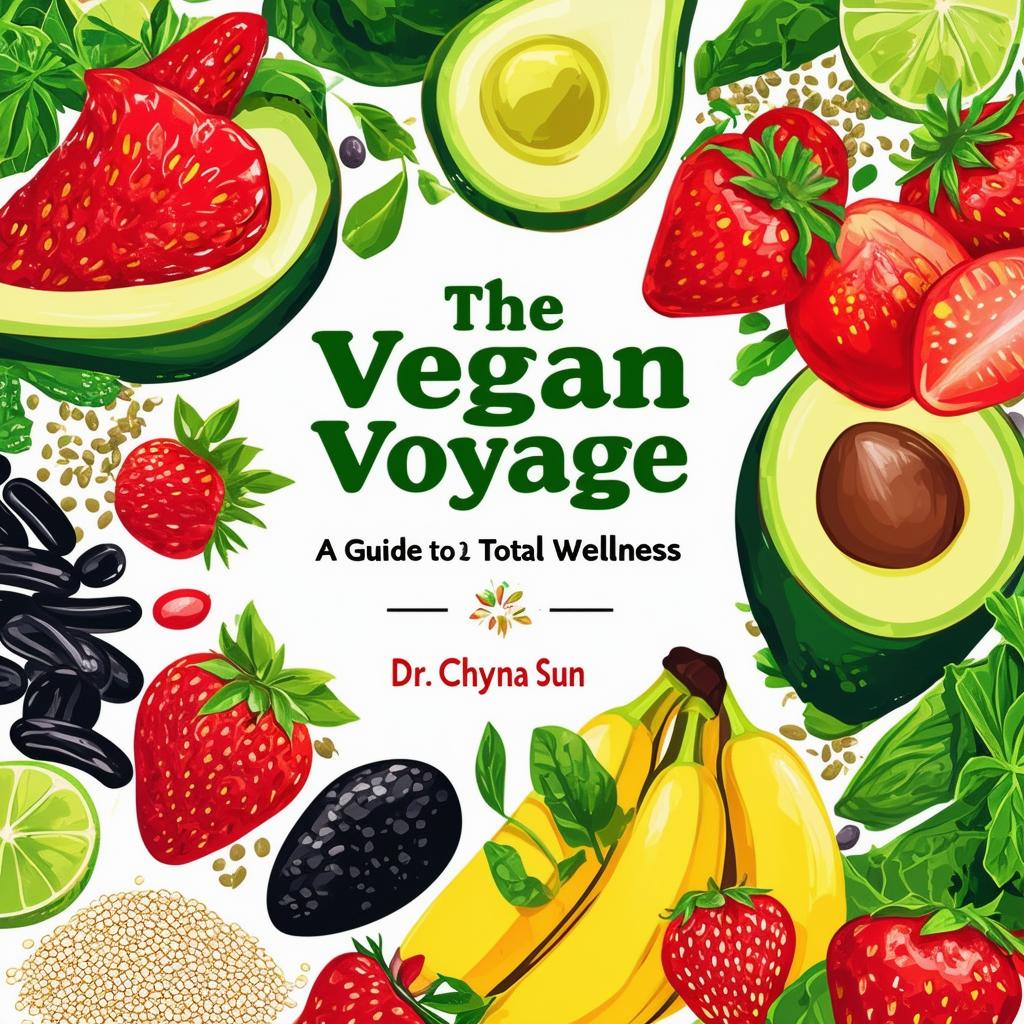 Create a vibrant and inviting printable cookbook cover titled 'The Vegan Voyage: A Guide to Total Wellness' by Dr