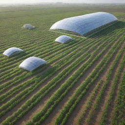Futuristic agricultural landscape in 2030, showcasing advances in crop production, climate monitoring technology, newly developed plant varieties, non-tillage cropping system, SNAP and livestock Hydroponics.