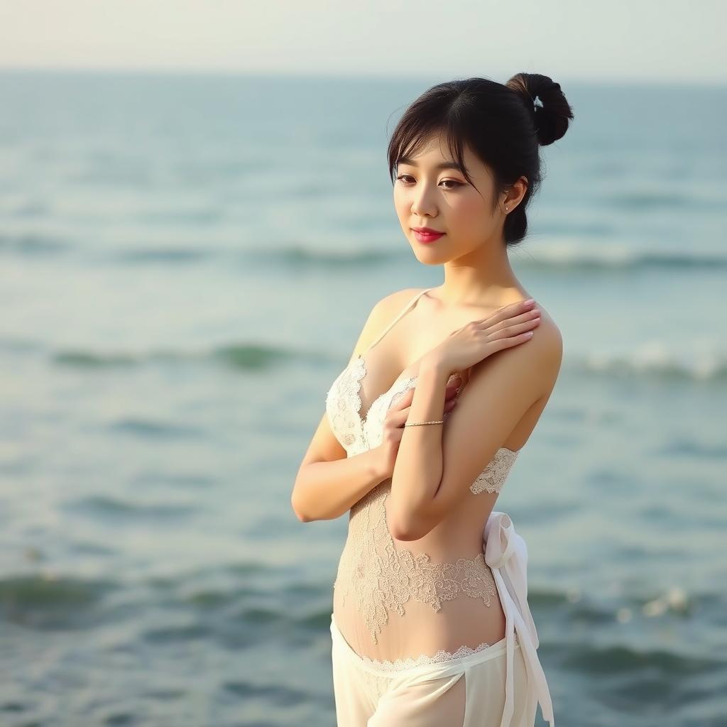 A Japanese woman stands gracefully by the ocean, wearing elegant lingerie