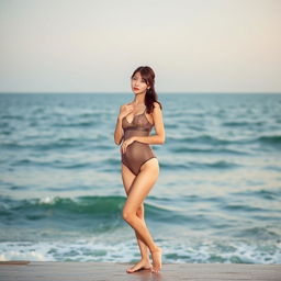 A Japanese woman stands gracefully by the ocean, wearing elegant lingerie