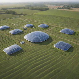 Futuristic agricultural landscape in 2030, showcasing advances in crop production, climate monitoring technology, newly developed plant varieties, non-tillage cropping system, SNAP and livestock Hydroponics.