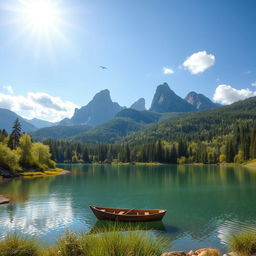 Create a beautiful landscape featuring a serene lake surrounded by lush greenery and tall mountains in the background