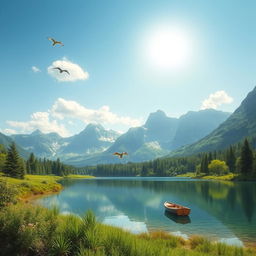 Create a beautiful landscape featuring a serene lake surrounded by lush greenery and tall mountains in the background