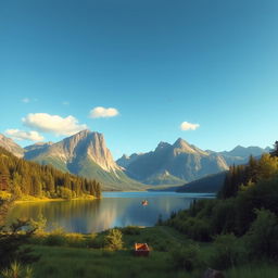 Create a beautiful landscape featuring a serene lake surrounded by lush greenery and tall mountains in the background