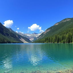 A serene landscape featuring a clear blue lake surrounded by lush green trees and mountains in the background