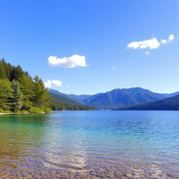 A serene landscape featuring a clear blue lake surrounded by lush green trees and mountains in the background