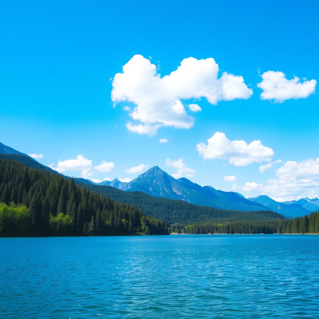 A serene landscape featuring a clear blue lake surrounded by lush green trees and mountains in the background