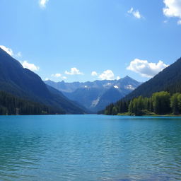 A serene landscape featuring a clear blue lake surrounded by lush green trees and mountains in the background