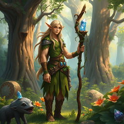 A detailed illustration of a male Wood Elf druid standing in a lush forest