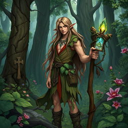 A detailed illustration of a male Wood Elf druid standing in a lush forest