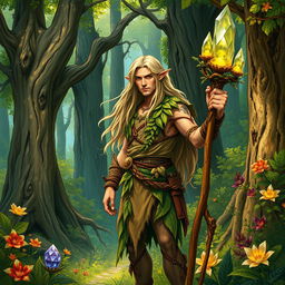 A detailed illustration of a male Wood Elf druid standing in a lush forest