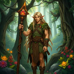 A detailed illustration of a male Wood Elf druid standing in a lush forest