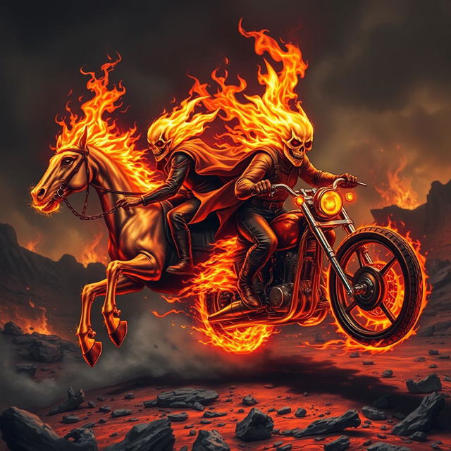 A dynamic scene featuring two Ghost Riders, one riding a fiery horse and the other on a blazing motorcycle