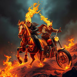 A dynamic scene featuring two Ghost Riders, one riding a fiery horse and the other on a blazing motorcycle