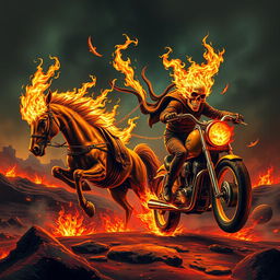 A dynamic scene featuring two Ghost Riders, one riding a fiery horse and the other on a blazing motorcycle