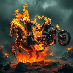 A dynamic scene featuring two Ghost Riders, one riding a fiery horse and the other on a blazing motorcycle