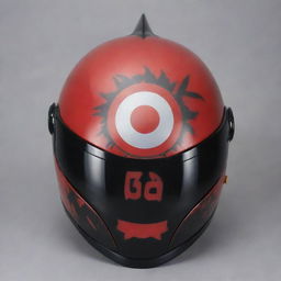 An Evo motorcycle helmet embellished with a decal featuring Madara Uchiha, highlighting his distinctive Sharingan eyes and armor design elements.