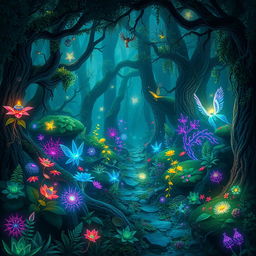 A lush, enchanted forest filled with vibrant, magical flora and fauna