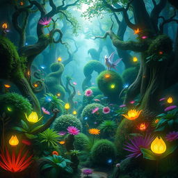 A lush, enchanted forest filled with vibrant, magical flora and fauna