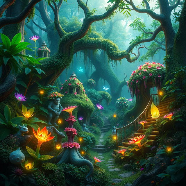 A lush, enchanted forest filled with vibrant, magical flora and fauna