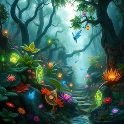 A lush, enchanted forest filled with vibrant, magical flora and fauna