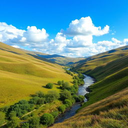 A beautiful landscape featuring rolling hills, a clear blue sky with fluffy clouds, and a serene river flowing through the valley