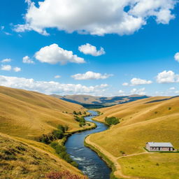 A beautiful landscape featuring rolling hills, a clear blue sky with fluffy clouds, and a serene river flowing through the valley