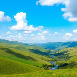 A beautiful landscape featuring rolling hills, a clear blue sky with fluffy clouds, and a serene river flowing through the valley