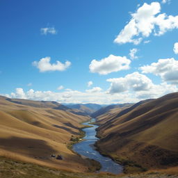 A beautiful landscape featuring rolling hills, a clear blue sky with fluffy clouds, and a serene river flowing through the valley