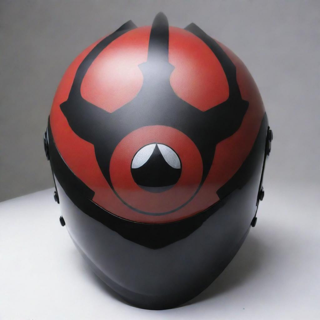 An Evo motorcycle helmet embellished with a decal featuring Madara Uchiha, highlighting his distinctive Sharingan eyes and armor design elements.