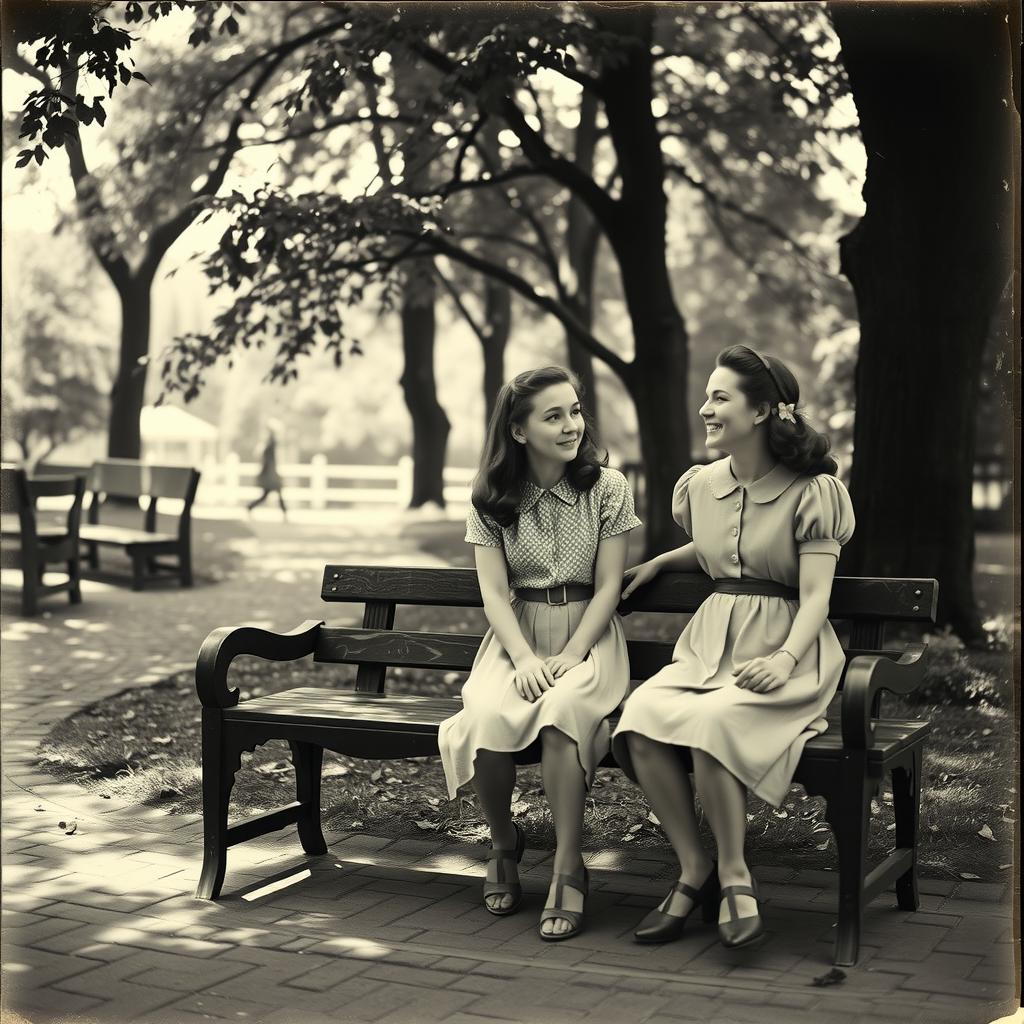 A vintage black and white photograph of a teenage girl and her female friend sitting on a bench in a 1950s park setting, capturing a serene and nostalgic moment