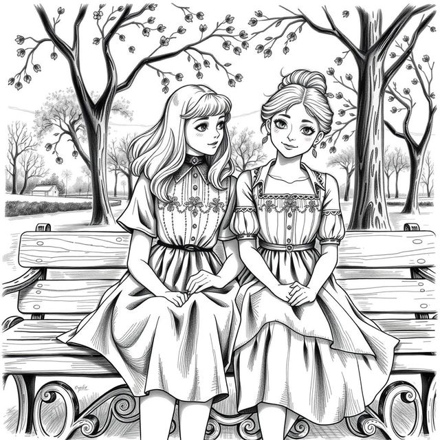 A black and white vintage hand drawing of a teenage girl and her female friend sitting on a bench in dresses, set in a serene park with intricate details