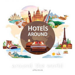 Create an image promoting hotels around the world, showcasing diverse and luxurious accommodations in various global locations