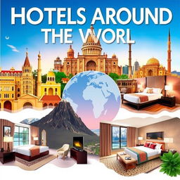 Create an image promoting hotels around the world, showcasing diverse and luxurious accommodations in various global locations