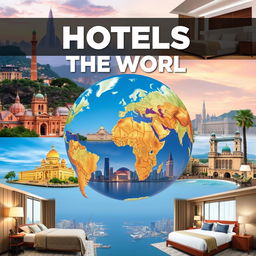 Create an image promoting hotels around the world, showcasing diverse and luxurious accommodations in various global locations