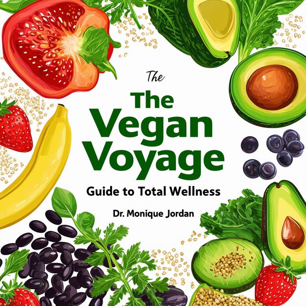 Create a vibrant and inviting printable cookbook cover titled 'The Vegan Voyage: Guide to Total Wellness' by Dr