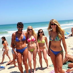 A group of people enjoying a sunny day at the beach, wearing colorful bikinis and swimwear