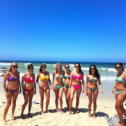 A group of people enjoying a sunny day at the beach, wearing colorful bikinis and swimwear