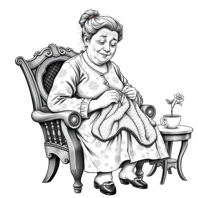 A black and white vintage hand drawing of a plump older mother knitting in a chair, wearing an old-fashioned dress, with a kind expression and minimal background