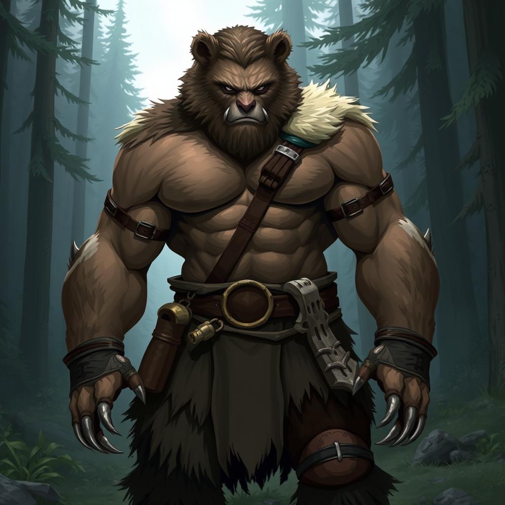 A powerful werebear in human form, showcasing a muscular build with subtle bear-like features such as sharp claws and slightly elongated canines