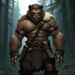 A powerful werebear in human form, showcasing a muscular build with subtle bear-like features such as sharp claws and slightly elongated canines