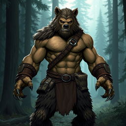 A powerful werebear in human form, showcasing a muscular build with subtle bear-like features such as sharp claws and slightly elongated canines