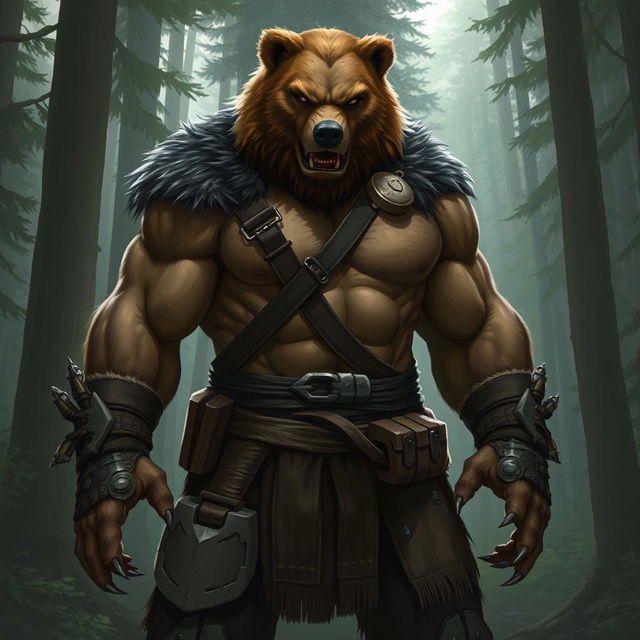 A powerful werebear in human form, showcasing a muscular build with subtle bear-like features such as sharp claws and slightly elongated canines