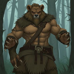 A powerful werebear in human form, showcasing a muscular build with subtle bear-like features such as sharp claws and slightly elongated canines