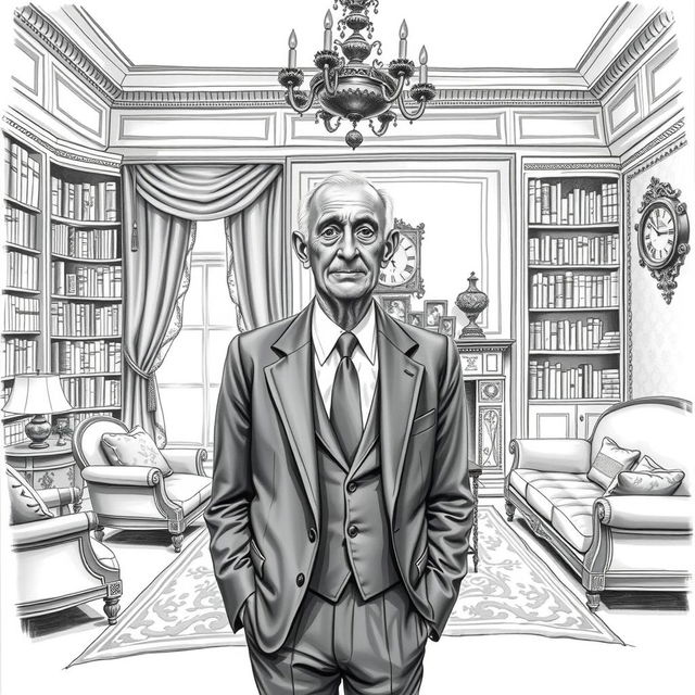 A vintage black and white hand drawing of a thin, almost bald old man well-dressed in a suit, standing in a classical living room with ornate furniture and a grand fireplace