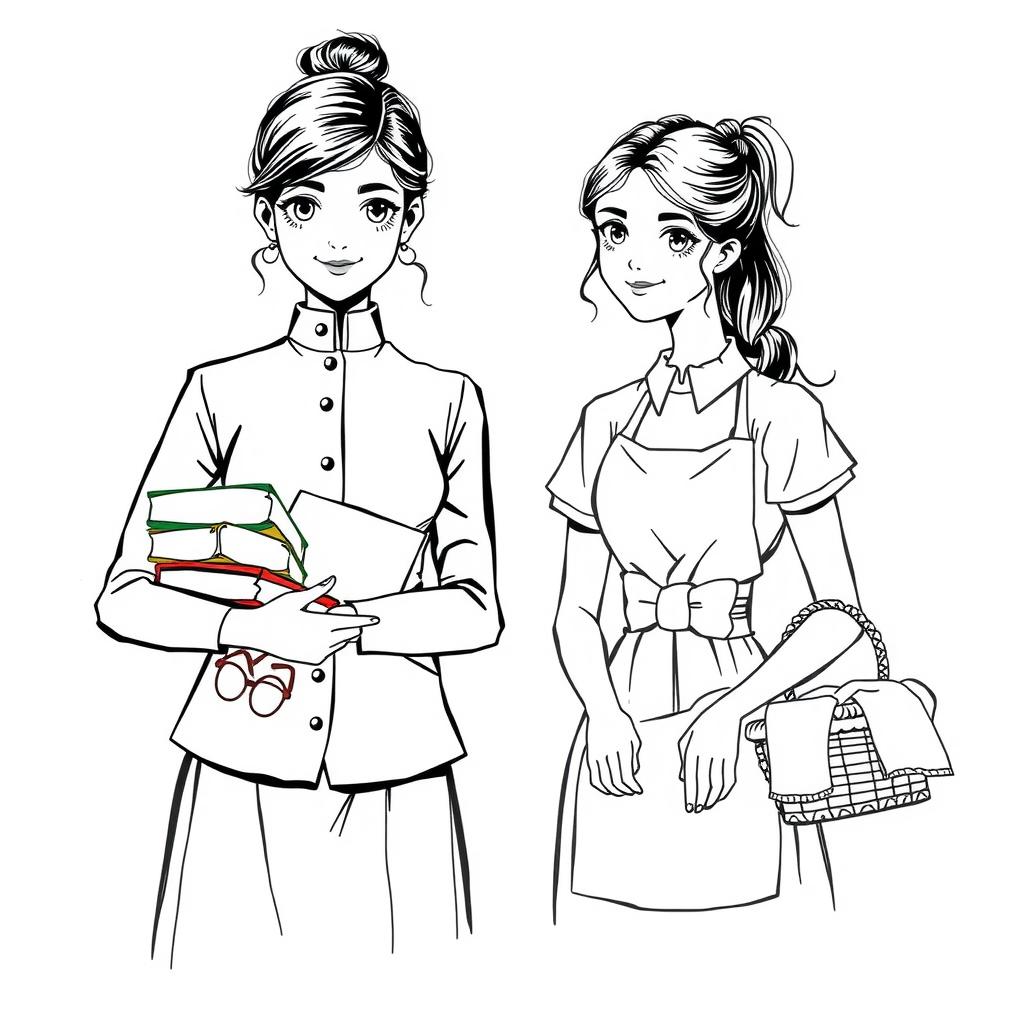 A vintage black and white hand drawing of two sisters in their twenties: one dressed as a school teacher with a neat dress and books, the other in a simple dress with an apron and a basket of laundry