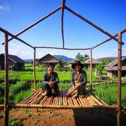 Two villagers sitting on a bamboo pavilion in a rural setting