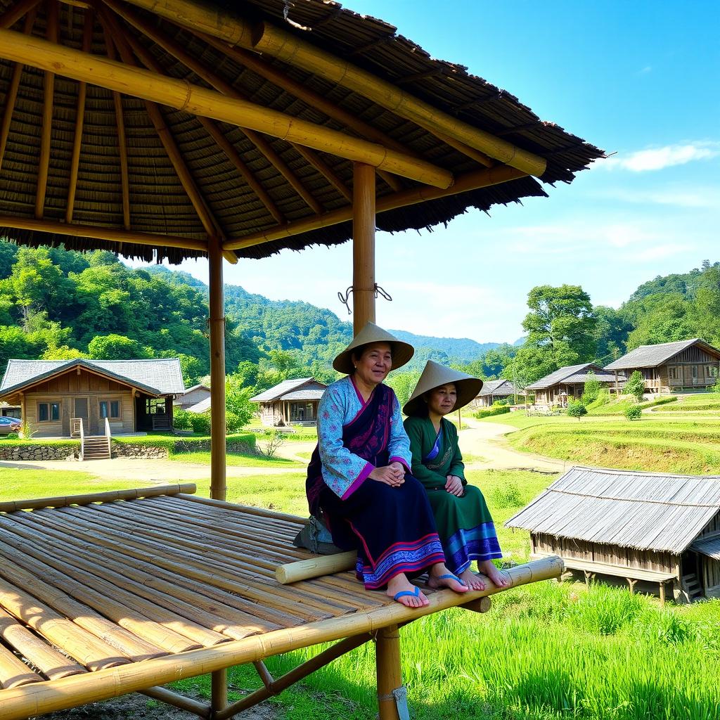 Two villagers sitting on a bamboo pavilion in a rural setting