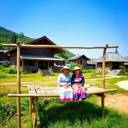 Two villagers sitting on a bamboo pavilion in a rural setting